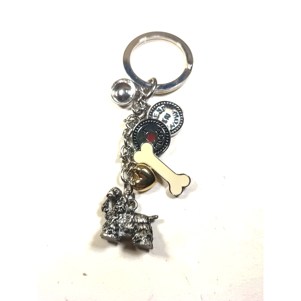 Dog Keychain Cocker Spaniel Bone Bowl Silver Tone - Picture 3 of 7